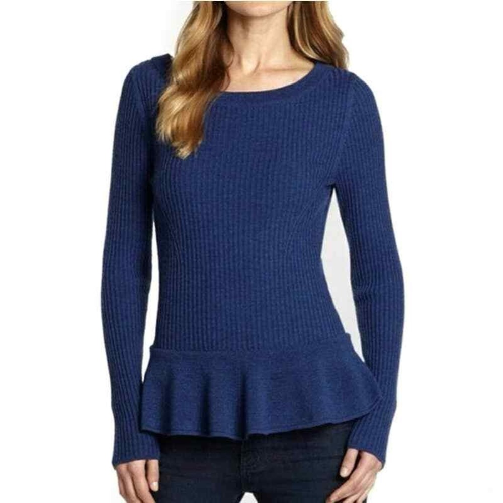 Tory Burch Ramona Merino Wool Peplum Ribbed Sweater Wide Neck Large Blue EUC